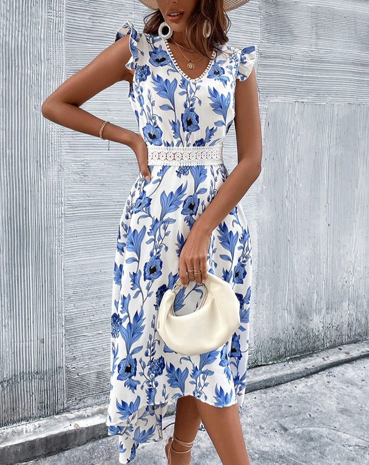 Vestido Midi Estampado Floral Manga Borboleta