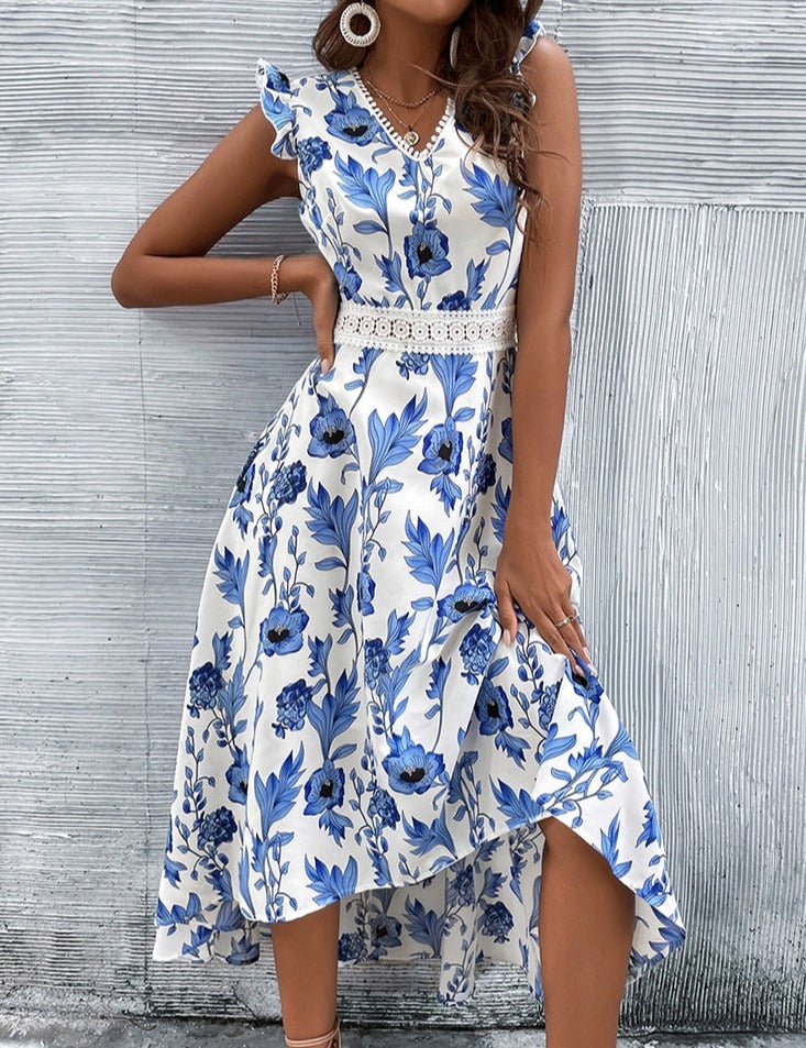 Vestido Midi Estampado Floral Manga Borboleta