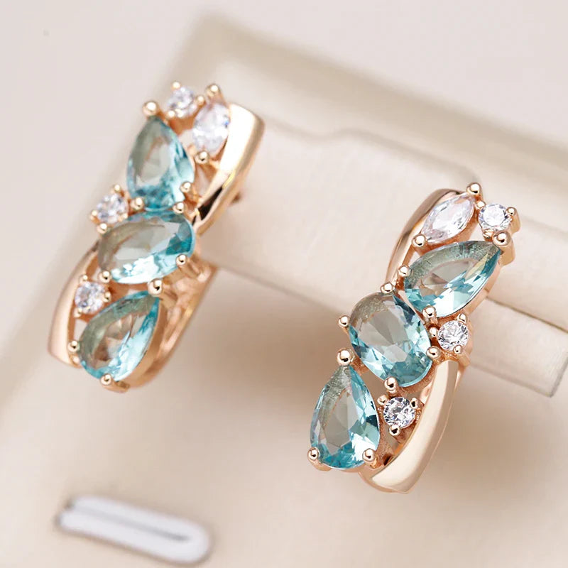 Brincos Blue Zircon Estilo Étnico Ouro 18K