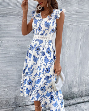 Vestido Midi Estampado Floral Manga Borboleta