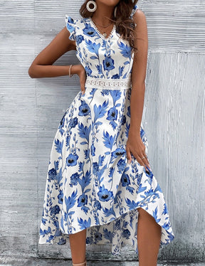 Vestido Midi Estampado Floral Manga Borboleta
